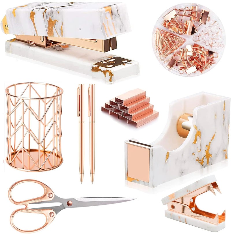 Famassi Rose Gold Marble Desk Accessories, Office Supplies Set Stapler Staple Remover, Tape Holder, Pen 2 Ballpoint Pen, Scissor, Binder Clips, Paper Clips and 1000pcs Staples - Image 1